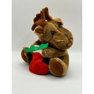 Russ Berrie Plush Moose Stuffed Animal Toy Red Heart Green Bow Valentine‎
